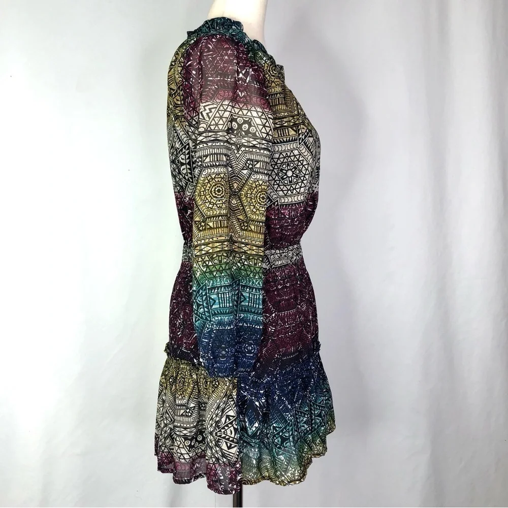 Ella Moss dress geometric jewel-tone ombre stripe chiffon ruffle bottom 12